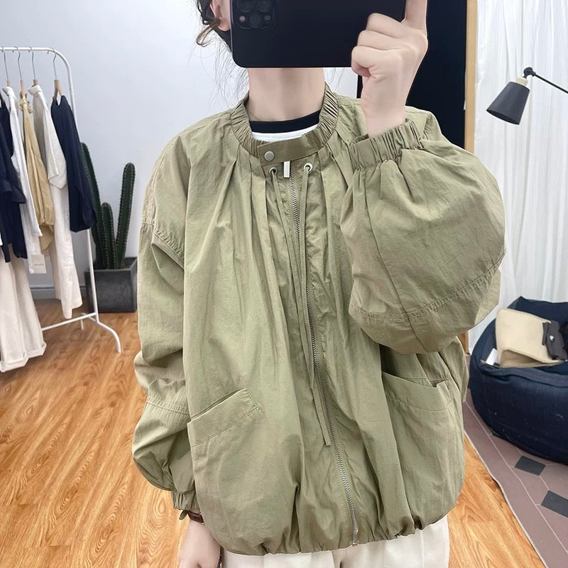 Autumn retro small stand collar lantern sleeve jacket women's age-reducing tops 2025 new Korean loose large pocket jacket