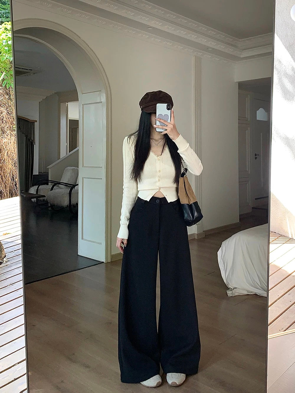 Grey fleece-lined wool suit pants, brown casual straight-leg pants, women's winter high-waisted slimming wide-leg pants, floor-length pants