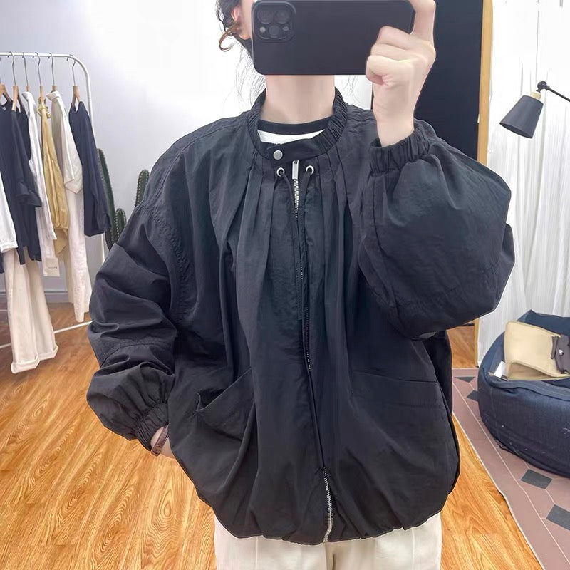 Autumn retro small stand collar lantern sleeve jacket women's age-reducing tops 2025 new Korean loose large pocket jacket