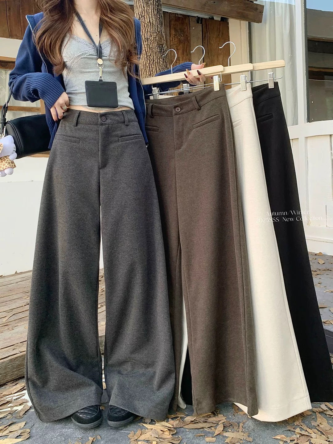 PPHOME Classic Versatile Gray Wool Suit Pants for Women, Autumn/Winter, High-Waisted Straight Leg Wide-Leg Casual Pants