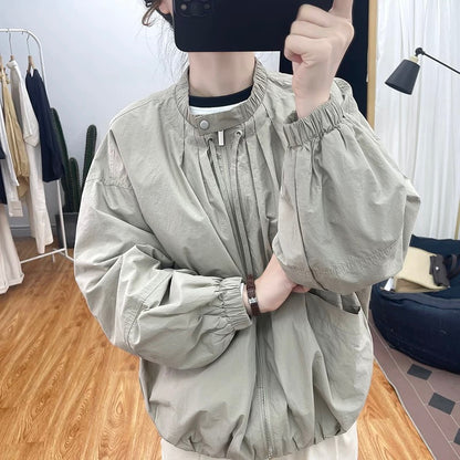Autumn retro small stand collar lantern sleeve jacket women's age-reducing tops 2025 new Korean loose large pocket jacket