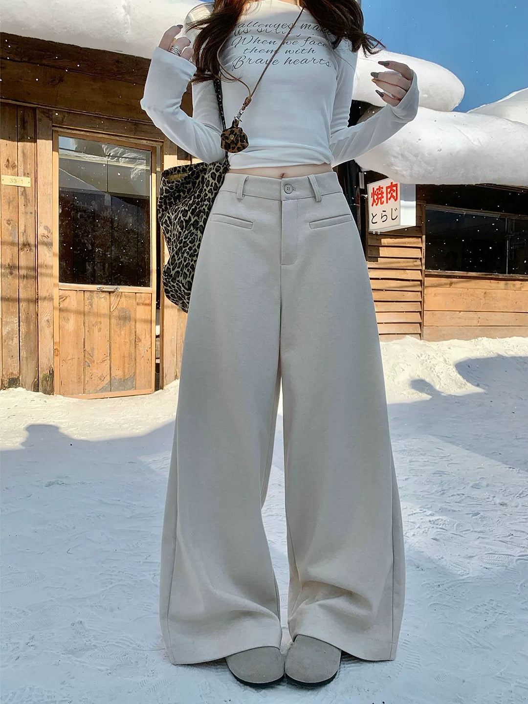 PPHOME Classic Versatile Gray Wool Suit Pants for Women, Autumn/Winter, High-Waisted Straight Leg Wide-Leg Casual Pants