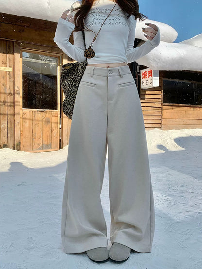 PPHOME Classic Versatile Gray Wool Suit Pants for Women, Autumn/Winter, High-Waisted Straight Leg Wide-Leg Casual Pants