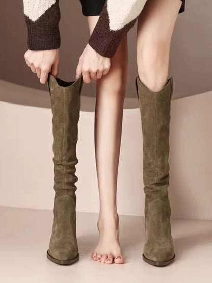 Internet celebrity super popular style V-mouth retro pointed toe western boots for women thick heel boots genuine leather 2024 autumn and winter new women's boots
