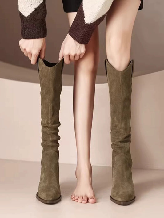 Internet celebrity super popular style V-mouth retro pointed toe western boots for women thick heel boots genuine leather 2024 autumn and winter new women's boots