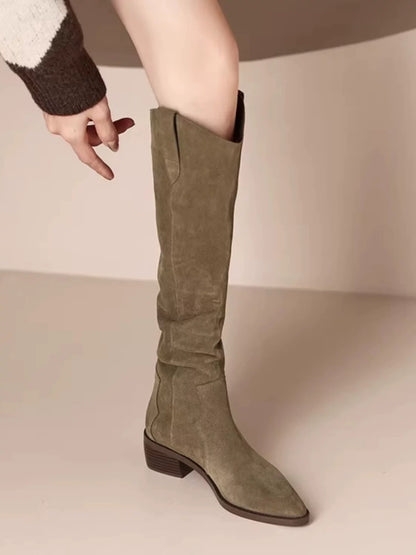Internet celebrity super popular style V-mouth retro pointed toe western boots for women thick heel boots genuine leather 2024 autumn and winter new women's boots
