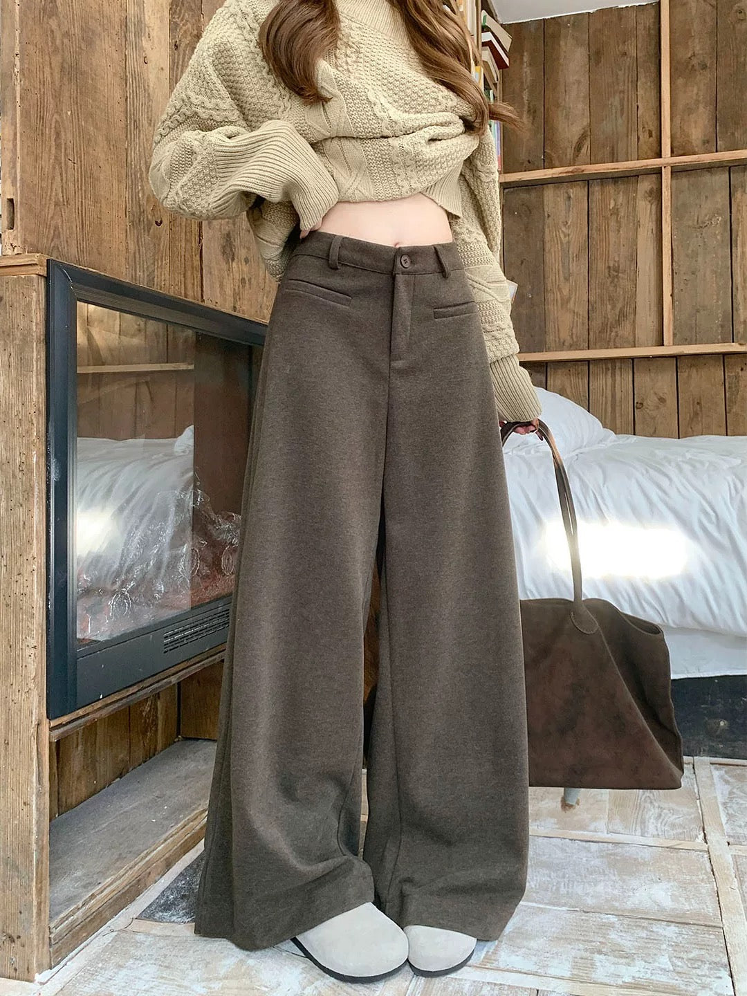 PPHOME Classic Versatile Gray Wool Suit Pants for Women, Autumn/Winter, High-Waisted Straight Leg Wide-Leg Casual Pants