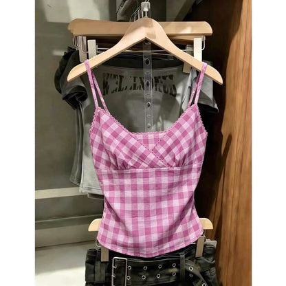 Korean-style blue plaid V-neck sleeveless camisole – a unique and stylish summer top for women (2026 new arrival) suitable for wearing on its own.