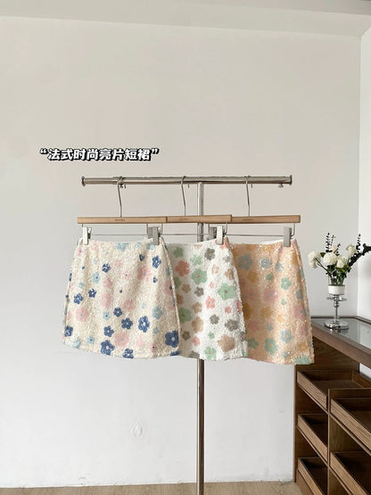 Colorful sequined high-waisted anti-exposure A-line mini skirt for women, 2025 summer new Korean style versatile bodycon skirt