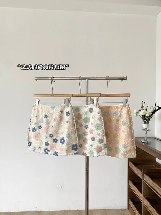 Colorful sequined high-waisted anti-exposure A-line mini skirt for women, 2025 summer new Korean style versatile bodycon skirt