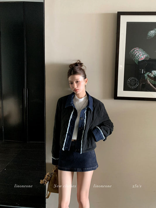 LINONEONE Lingxiang coco black Tencel denim plus velvet padded short jacket
