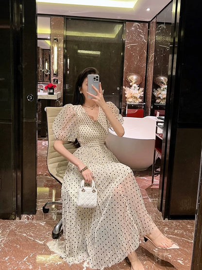BETTER LS Ladylike v-neck polka-dot dress puff-sleeved pleated chiffon long dress French tea break dress