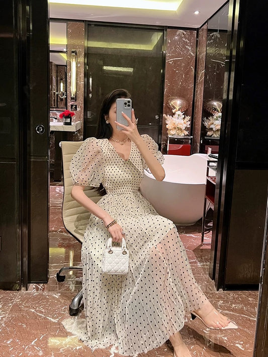 BETTER LS Ladylike v-neck polka-dot dress puff-sleeved pleated chiffon long dress French tea break dress