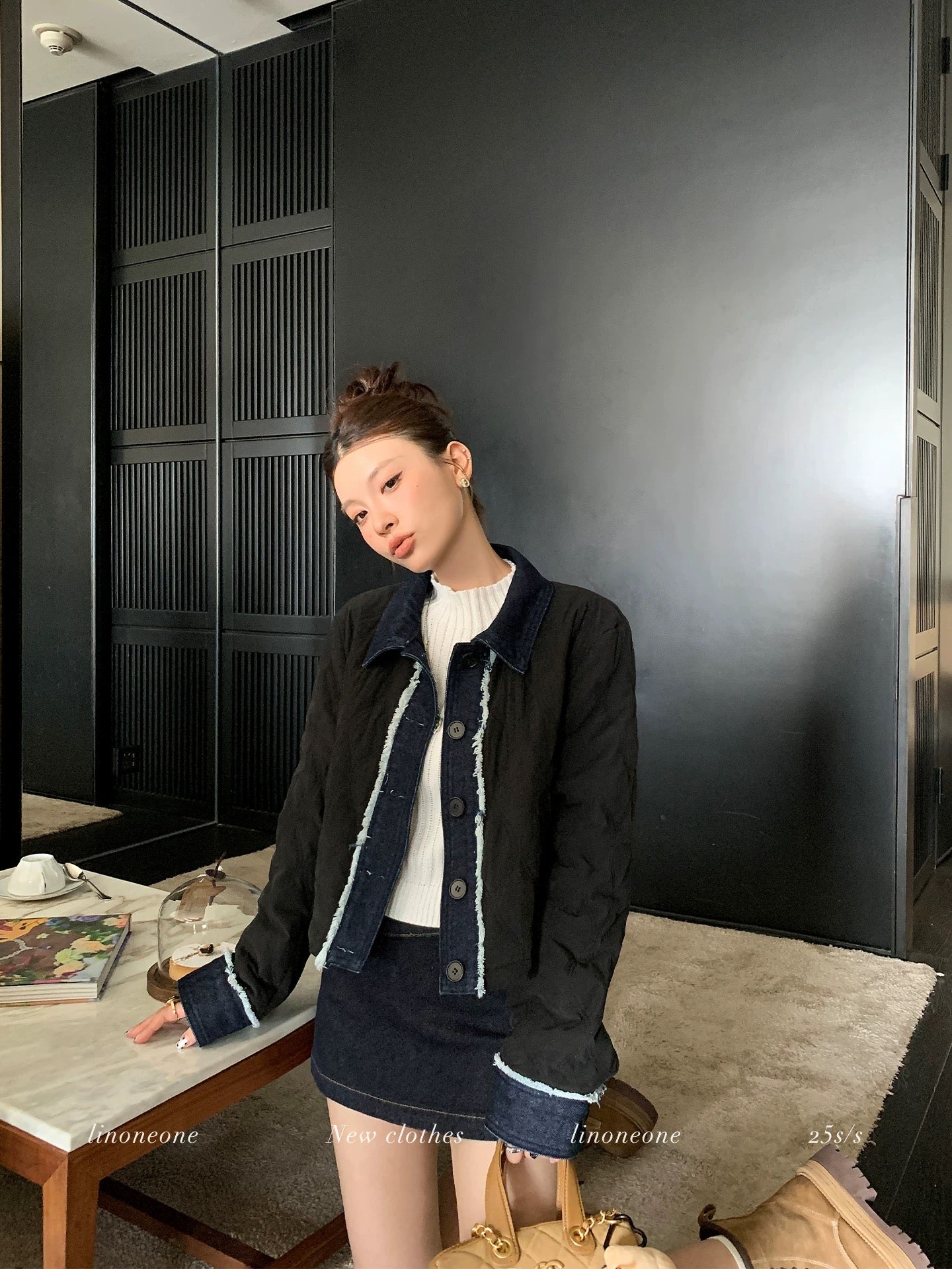 LINONEONE Lingxiang coco black Tencel denim plus velvet padded short jacket