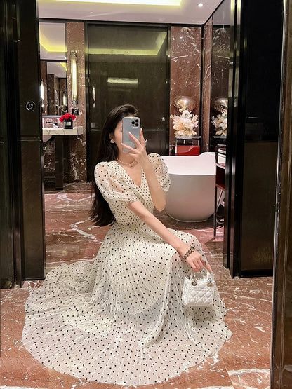 BETTER LS Ladylike v-neck polka-dot dress puff-sleeved pleated chiffon long dress French tea break dress