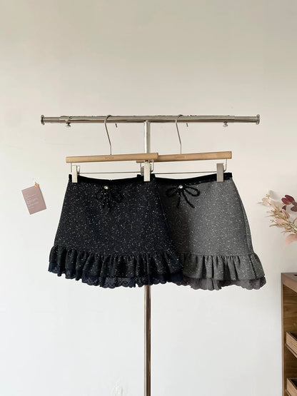 Ruffled high-waisted anti-exposure sequined A-line skirt for women, 2025 winter new Korean style black short skirt