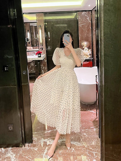 BETTER LS Ladylike v-neck polka-dot dress puff-sleeved pleated chiffon long dress French tea break dress