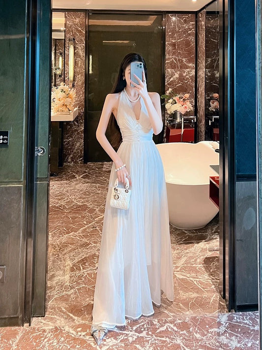 BETTER LS gentle style sleeveless v-neck halter dress super fairy temperament white long skirt women's summer dress