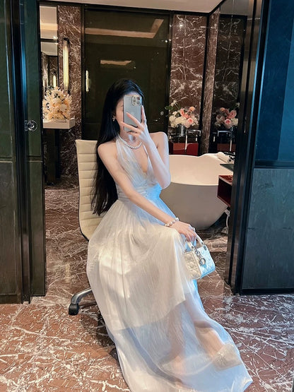 BETTER LS gentle style sleeveless v-neck halter dress super fairy temperament white long skirt women's summer dress