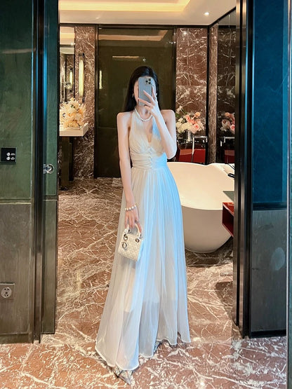 BETTER LS gentle style sleeveless v-neck halter dress super fairy temperament white long skirt women's summer dress