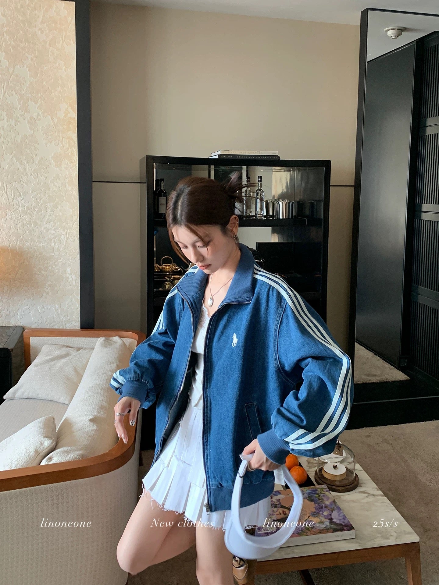 LINONEONE Seoul Fashionista Old Money Embroidered Denim Casual Three-Stripe Loose Jacket