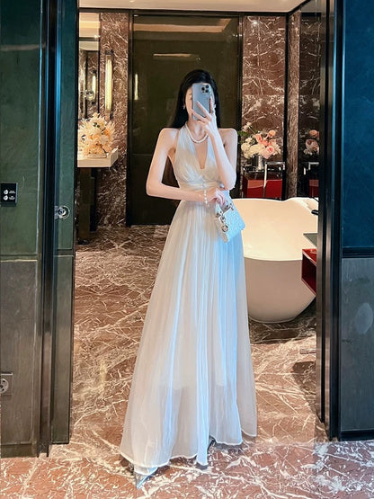 BETTER LS gentle style sleeveless v-neck halter dress super fairy temperament white long skirt women's summer dress
