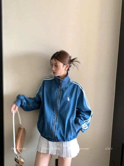 LINONEONE Seoul Fashionista Old Money Embroidered Denim Casual Three-Stripe Loose Jacket
