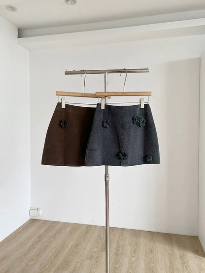Women's 2025 Winter New Korean Style Versatile Wool Skirt with 3D Floral Design and Anti-Exposure