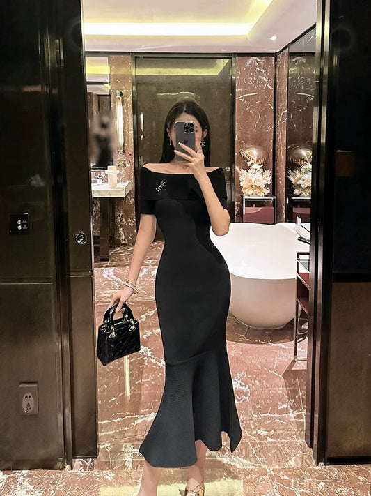 BETTER LS Hepburn style black slimming hip dress high-end French fishtail skirt for women summer