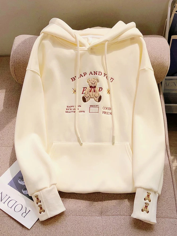 Breast wear 2024 autumn and winter new American retro bear embroidered sweatshirt women's velvet thickened petite top