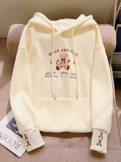 Breast wear 2024 autumn and winter new American retro bear embroidered sweatshirt women's velvet thickened petite top