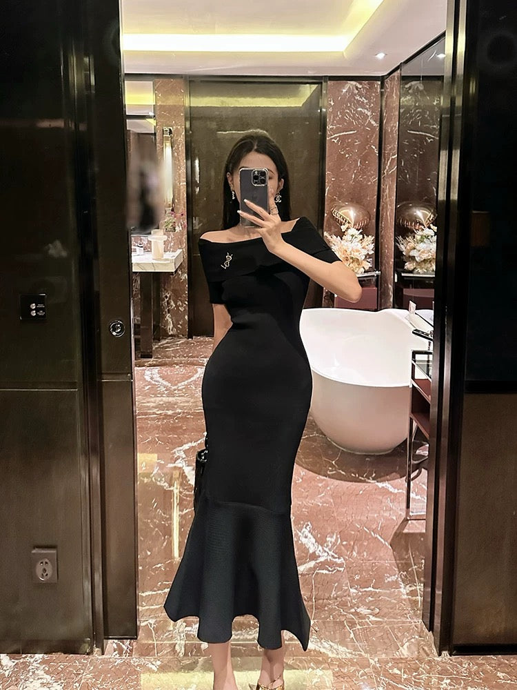 BETTER LS Hepburn style black slimming hip dress high-end French fishtail skirt for women summer