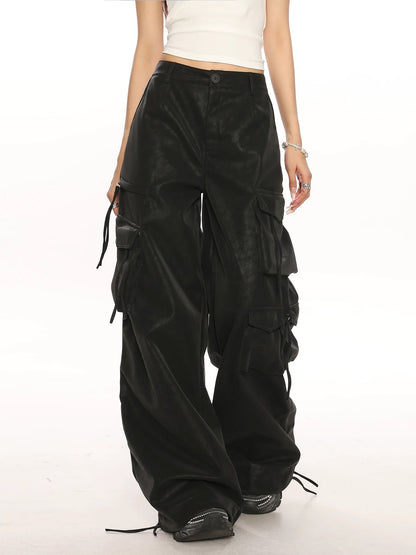 BIGGOLD sweet and cool high-end multi-pocket PU leather overalls for women, functional loose wide-leg pants, mopping pants