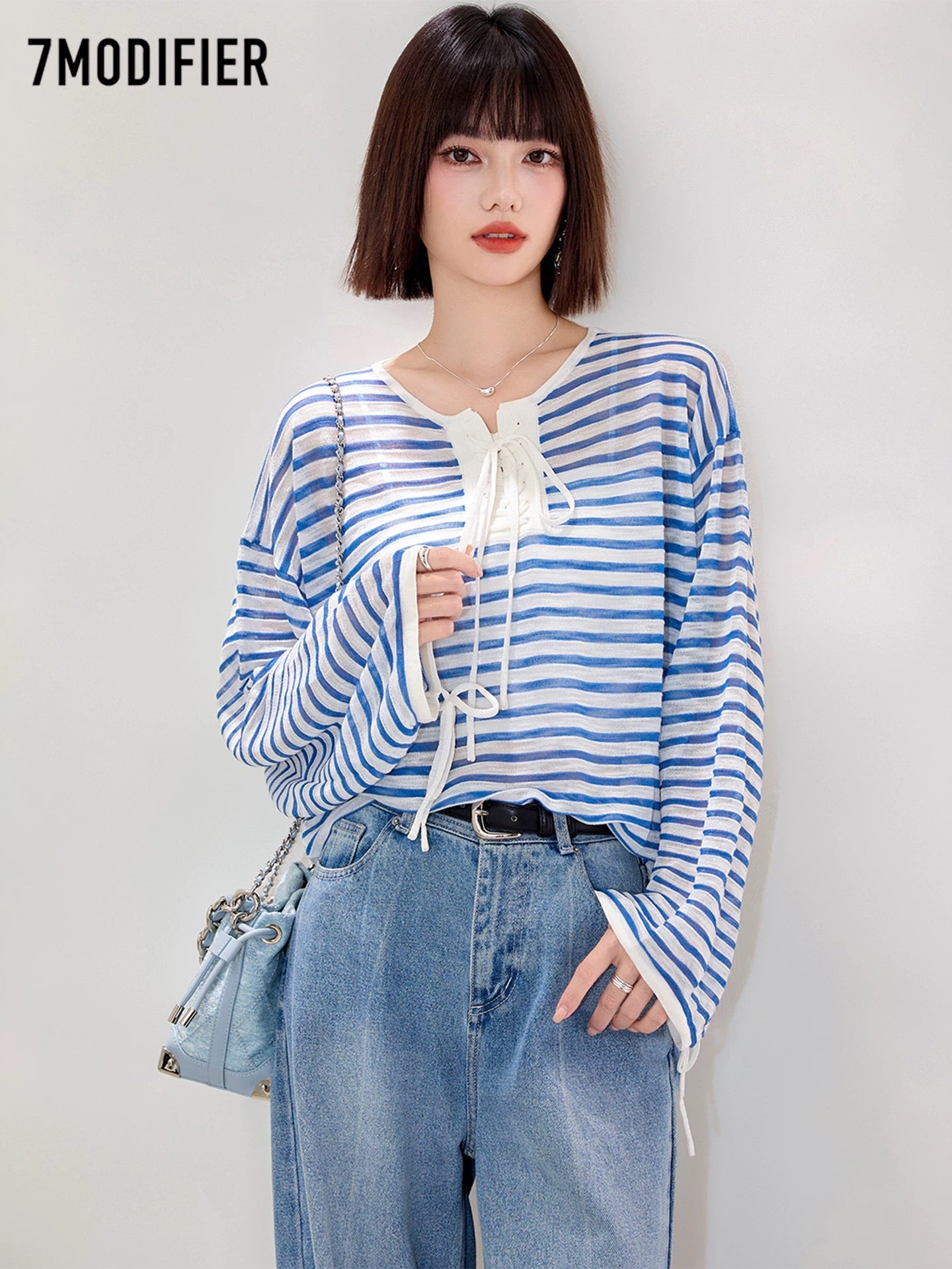 La Chapelle 7M2025 fashion striped tie bow loose pullover slim long-sleeved T-shirt tops for women