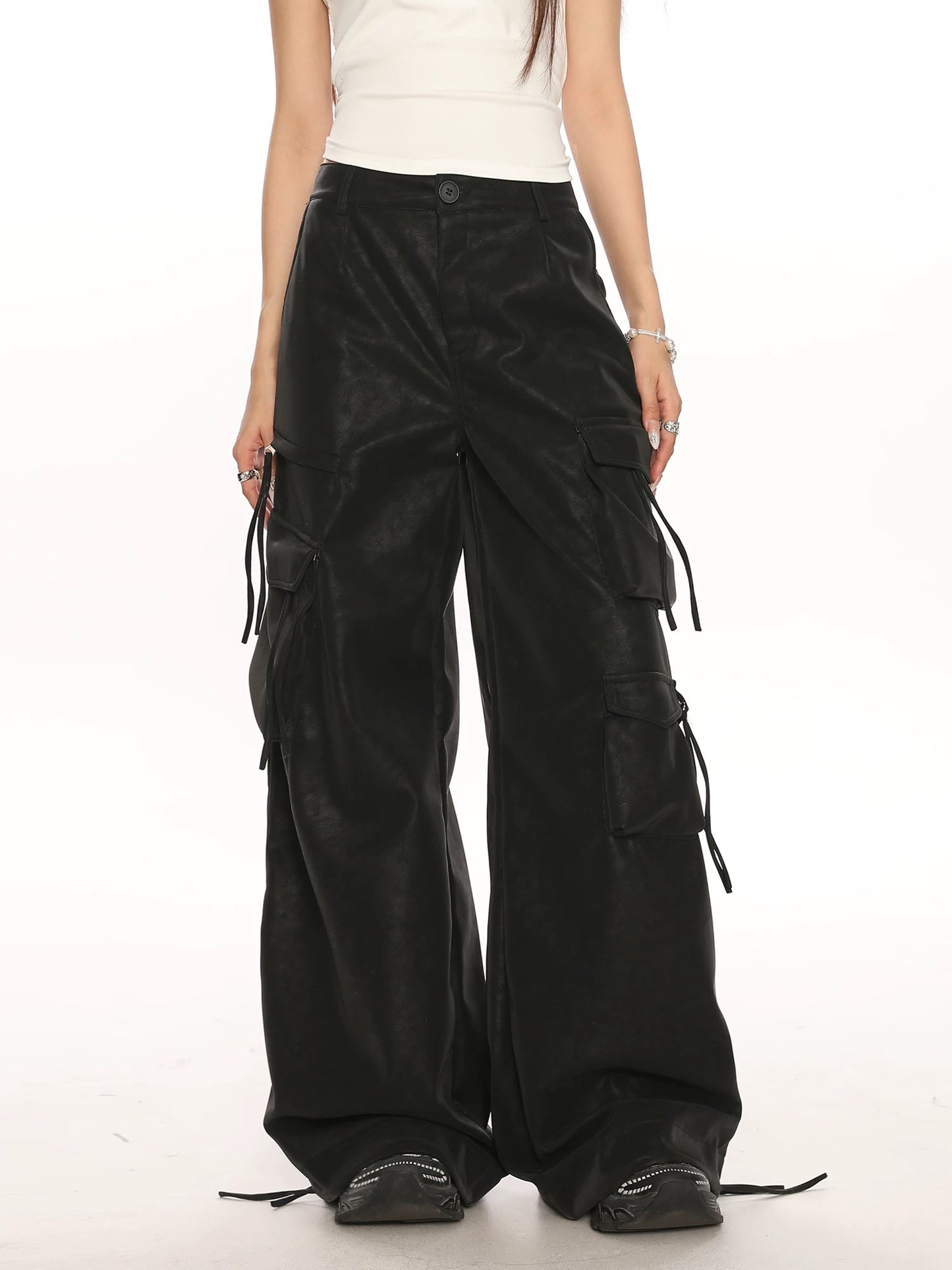 BIGGOLD sweet and cool high-end multi-pocket PU leather overalls for women, functional loose wide-leg pants, mopping pants