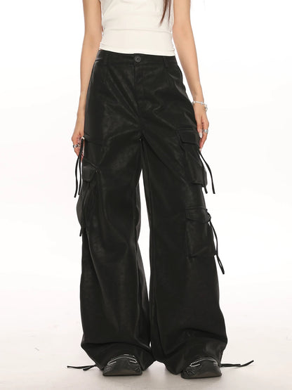 BIGGOLD sweet and cool high-end multi-pocket PU leather overalls for women, functional loose wide-leg pants, mopping pants