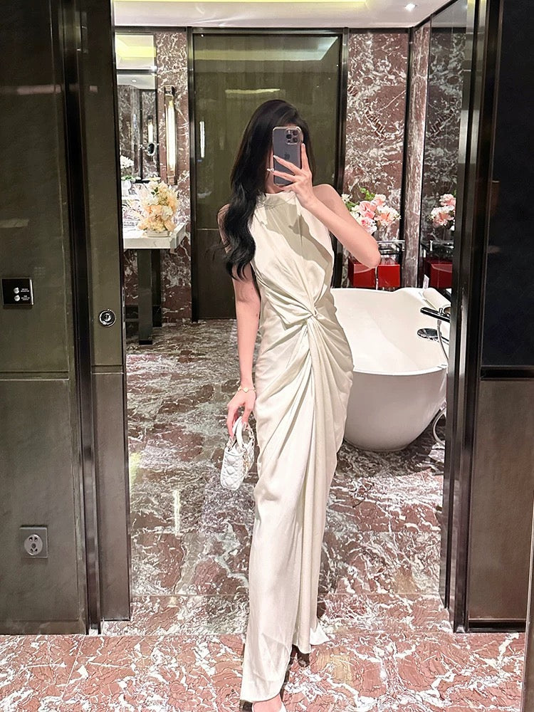 BETTER LS high-end temperament goddess style slimming French dress women's summer design twist sleeveless long skirt