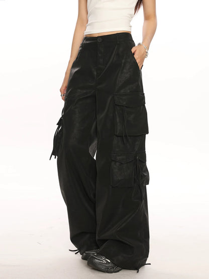 BIGGOLD sweet and cool high-end multi-pocket PU leather overalls for women, functional loose wide-leg pants, mopping pants