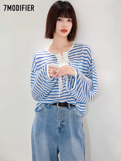 La Chapelle 7M2025 fashion striped tie bow loose pullover slim long-sleeved T-shirt tops for women