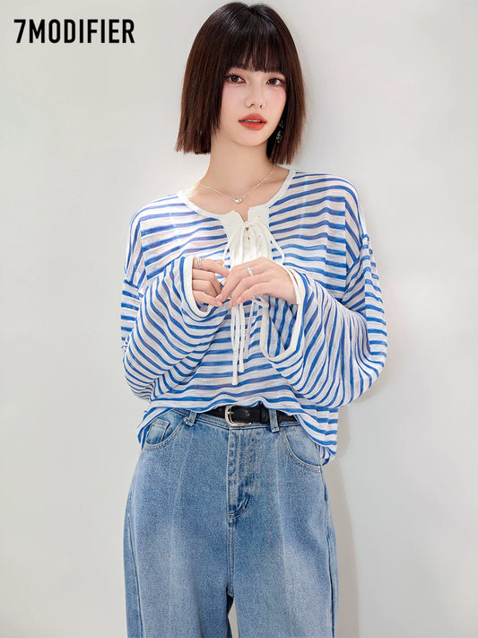 La Chapelle 7M2025 fashion striped tie bow loose pullover slim long-sleeved T-shirt tops for women