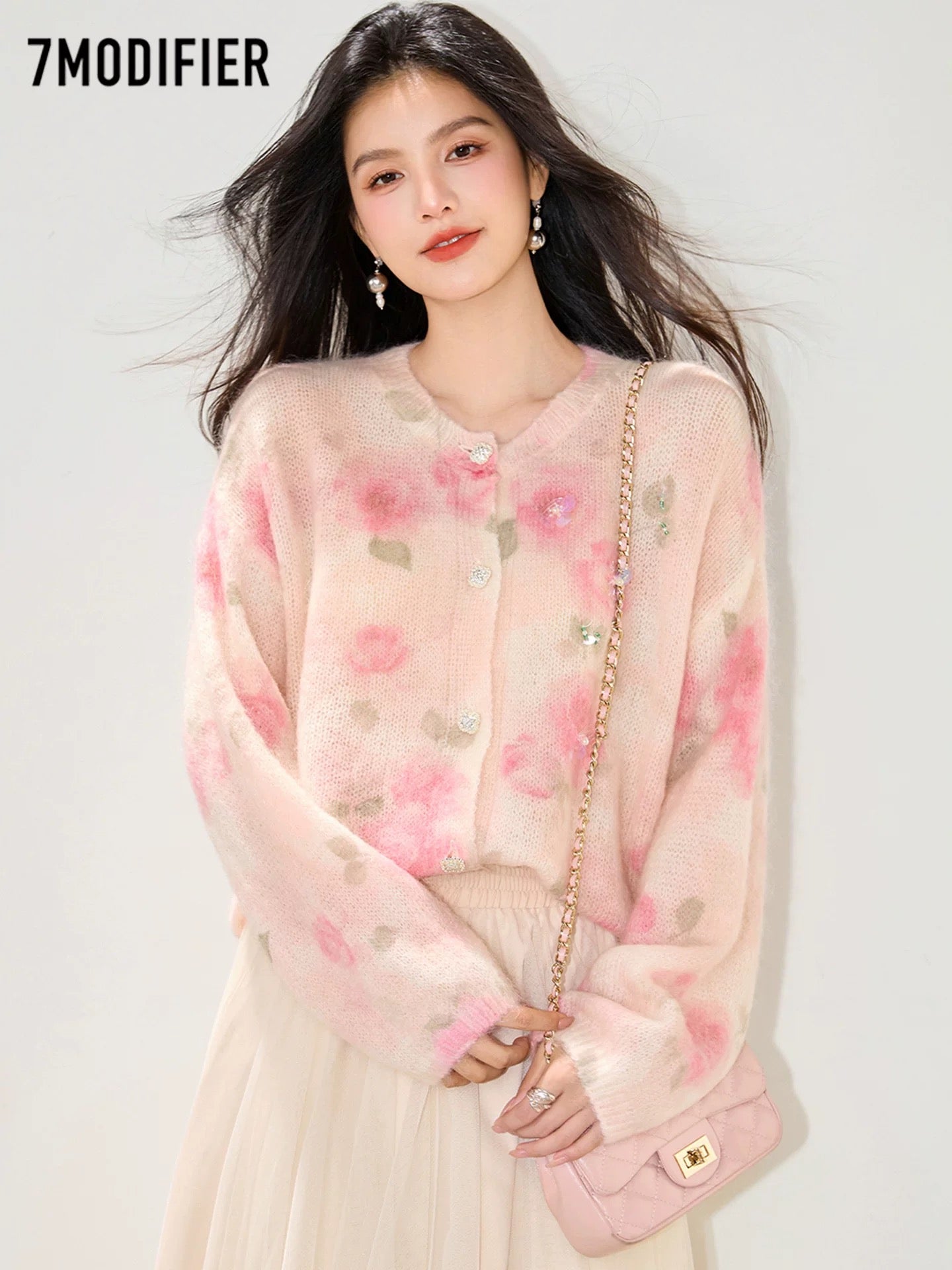 La Chapelle 7M2025 Autumn Blended Sequins Sweet Lazy Style Cardigan Jacket Top Fashion Sweater