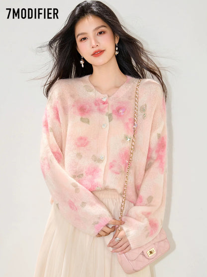 La Chapelle 7M2025 Autumn Blended Sequins Sweet Lazy Style Cardigan Jacket Top Fashion Sweater