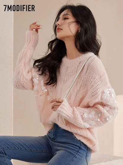 La Chapelle 7M2025 autumn new fashion sweet sequin top loose round neck hollow soft waxy sweater