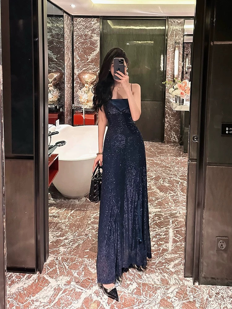 BETTER LS high-end light luxury niche heavy industry sequin ladylike temperament suspender dress dress long skirt women's clothing