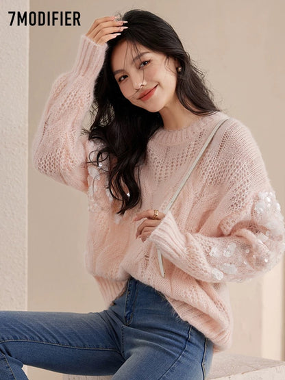 La Chapelle 7M2025 autumn new fashion sweet sequin top loose round neck hollow soft waxy sweater
