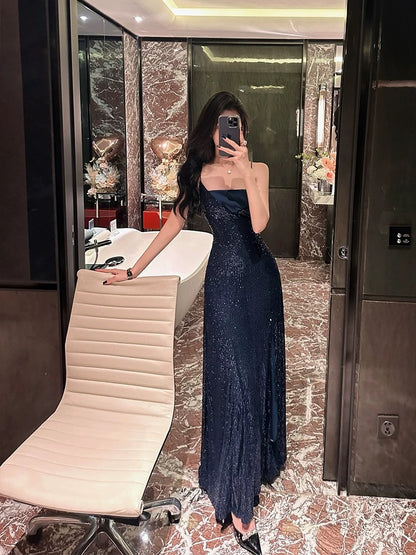 BETTER LS high-end light luxury niche heavy industry sequin ladylike temperament suspender dress dress long skirt women's clothing