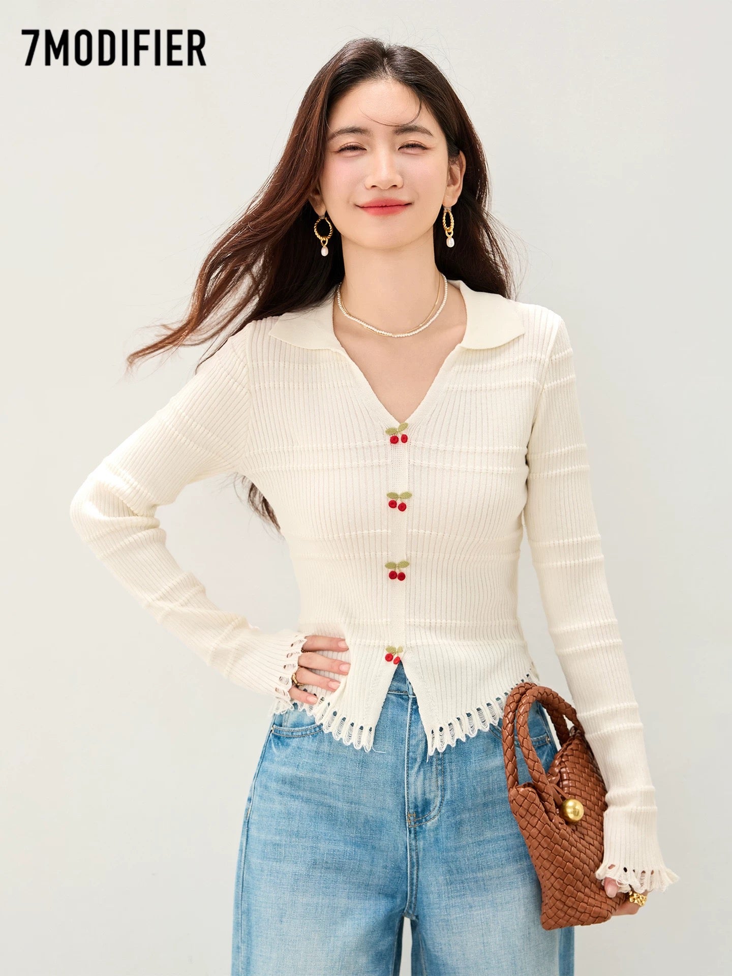 La Chapelle 7M2025 autumn unique cherry decoration hollow hem slim long sleeve knit sweater top women