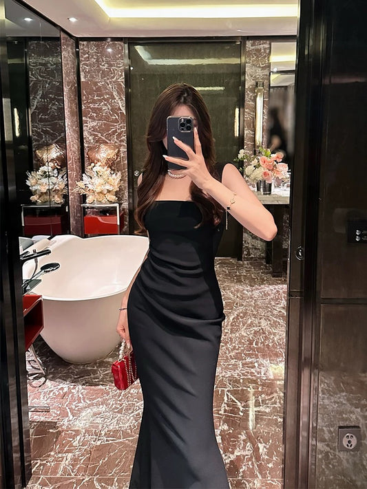 BETTER LS high-end black slimming suspender dress women's new French style slim hip-covering long skirt