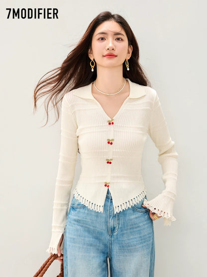La Chapelle 7M2025 autumn unique cherry decoration hollow hem slim long sleeve knit sweater top women