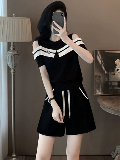 Platycodon French casual fashion suit for women 2025 summer design off-shoulder slim short-sleeved top shorts two-piece suit